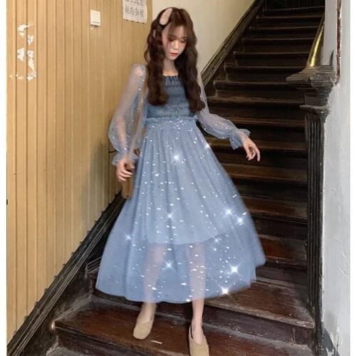 2020 Spring Women Dress Long Sleeve Lace Dress Small Fairy Fresh and Lovely Womes Dress Puff Sleeve Square Collar Dress J298