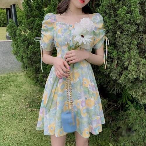 Women Floral Printed Dress Summer Korean Style Fashion Sweet Cute Lace up Temperament High Waist Square Collar Dress