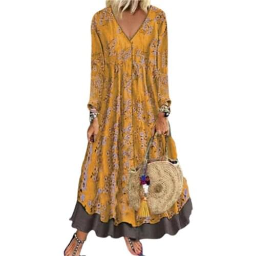 Vintage Women Dress Autumn Winter Floral Pattern Print V Neck Fake Two Piece Ruffles Hem Dress