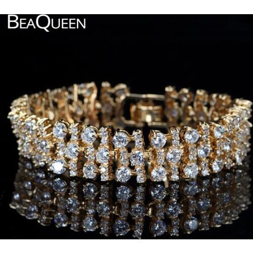 BeaQueen Dubai Gold Color Bracelets & Bangles Women Jewelry Lovely Round Cubic Zirconia Wide Bracelet for Wedding Party B051