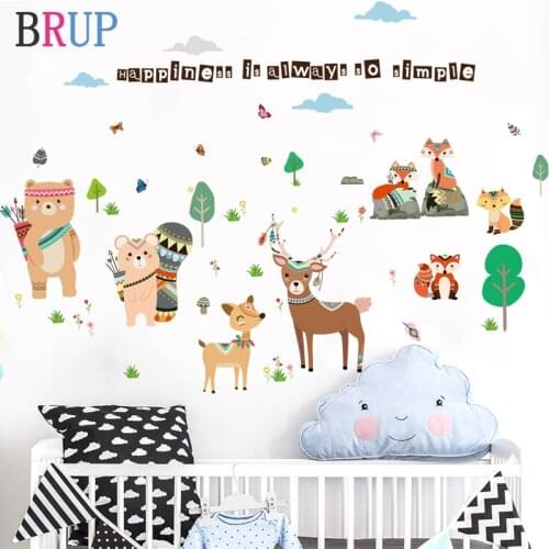 157*110cm Cartoon Friendly Animal Wall Stickers for Kids Room Bear Deer Fox Forest Animals Home Decor for Children Happy Sticker