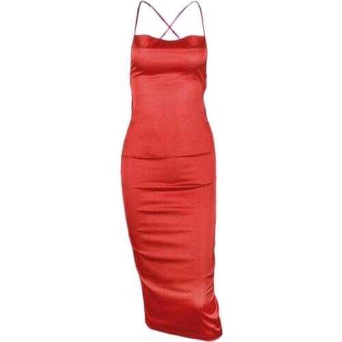 50JB Women Sexy Halter Bodycon Satin Midi Dress Cross Bandage Backless Party Clubwear