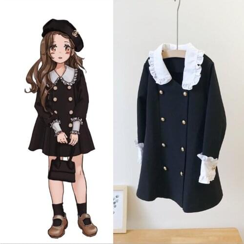 White Black Patchwork Dress Girls 2019 Autumn Winter Double-breasted Turn-down Collar Dresses Kids Cute Baby Princess Dress
