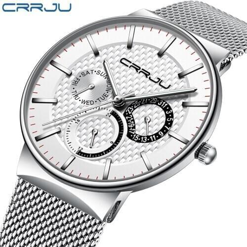 CRRJU Top Brand Luxury Date Watch Waterproof Ultra Thin Male Strap Steel Casual Quartz Watch White Sport Wristwatch