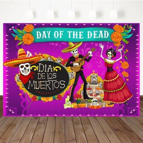 Day Of The Dead Photography Background Mexican Marigold Skull Backdrop Dress-Up Party Fiesta Banner Decoration For Photo Studio