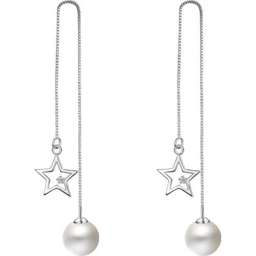 Top Quality 2017 New Fashion Star Design Pearl 925 Sterling Silver long Drop Earrings for Women Girls Jewelry Gift Wholesale