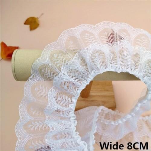 8CM Wide Elastic Double Layer White Tulle Mesh Pleated Lace Fabric Cuffs Neckline Fringe Ruffle Trim Dress Clothes Sewing Decor