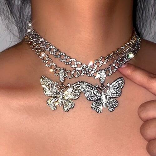 2021 New Crystal Rhinestones Chunky Metal Cuban Choker Necklace For Women Hiphop Big Butterfly Pendant Cuban Link Chain Jewelry