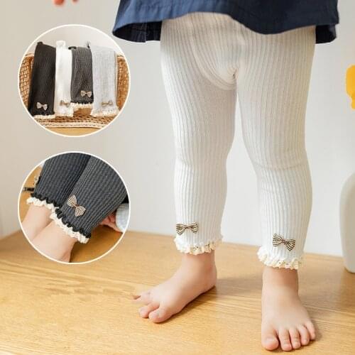 Girls Leggings Baby Ribbed Lace Bowknot Childrens Pants Soft Cotton Trousers Elastic Kids Clothing Knitted 2021 Spring Autumn