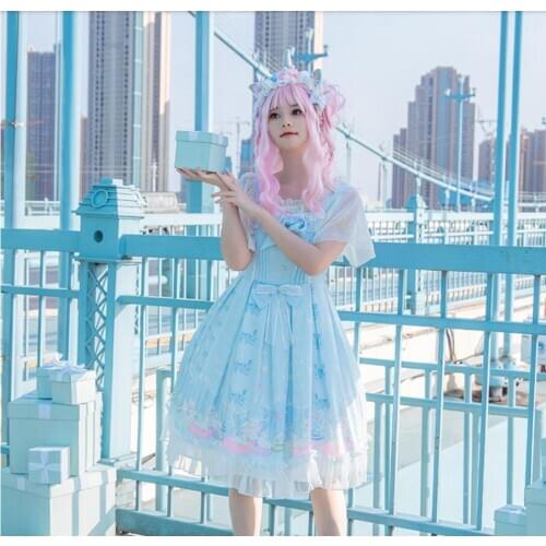Cute Kawaii Lolita Cat Print JSK Sleeveless Princess Dress Cos Sweet Lolita Loli Tea Party Dress Vintage Court Vestidos