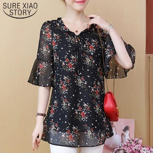 Fashion Half Floral Bow Butterfly Sleeve plus size 5XL shirt women shirts blouse tops and blouses chiffon blouse 3044 50