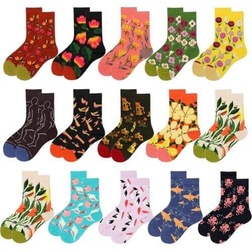 New Trend Fashion Designe Combed Cotton Women Socks Unisex Animal Flowers Socks Business Crew Happy Wedding Socks Women Gifts