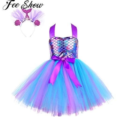 New Kids Girls Mermaid Cosplay Costume Shiny Princess Dresses Sleeveless Halter Tutu Dress with Headband Children Party Outfits