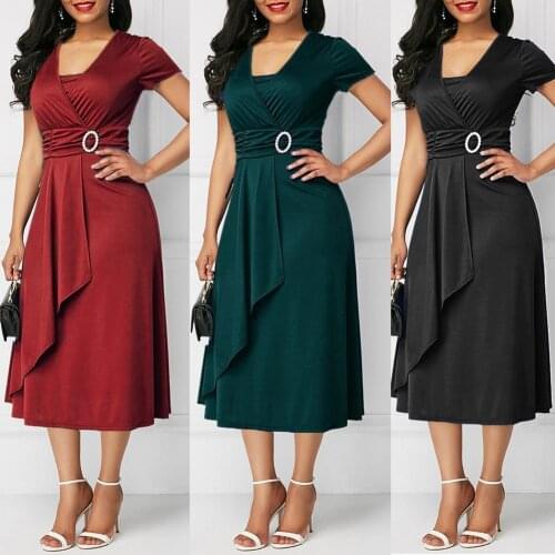 New Arrival Fashion Plus Size Dress Women Short Sleeve Asymmetric Hem Waist Tight Large Swing Midi Evening Party Dress