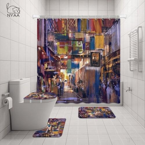 New York City Night Shower Curtain Toilet Seat Cover Set Wc Accessories Mat Bathroom Decor Bath Curtains