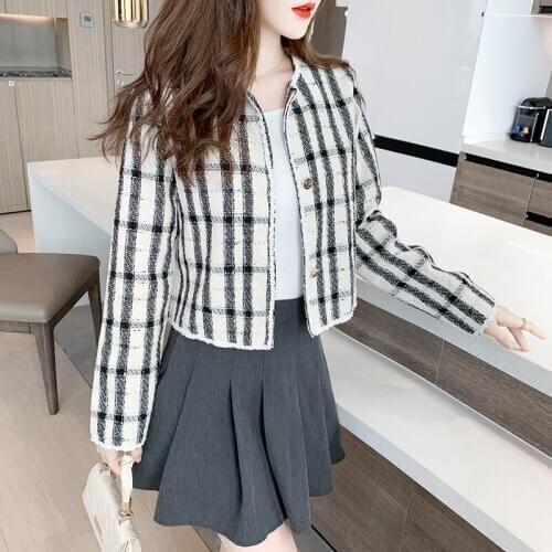 Womens Woolen Striped Coat Slim Short Long-sleeved Single-breasted Female Coat Tops New Retro Style Office Ladies Cardigan Coat