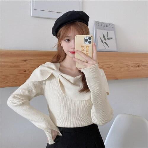 Bowknot pullover sweater jumper pure color knitted elegant blouse women spring 2021 new Korean fashion black sweater ladies