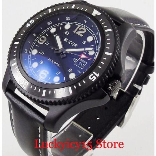 PVD BLIGER Automatic Men Watch Rotating Bezel Date MIYOTA Movement Leather Strap 44mm Round Case