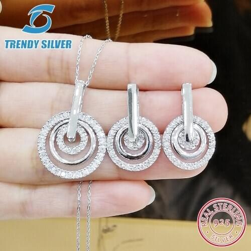 Complete pure 925 sterling silver zirconia clear CZ luxury jewelry set ring earrings for woman pendant necklace trendy design