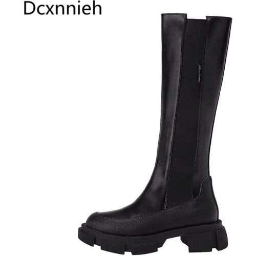 Thick Sole Knight Knee High Boots Women Round Toe Long Boots Genuine Leather Platform Motorcycle Boots British Women’s High Boot
