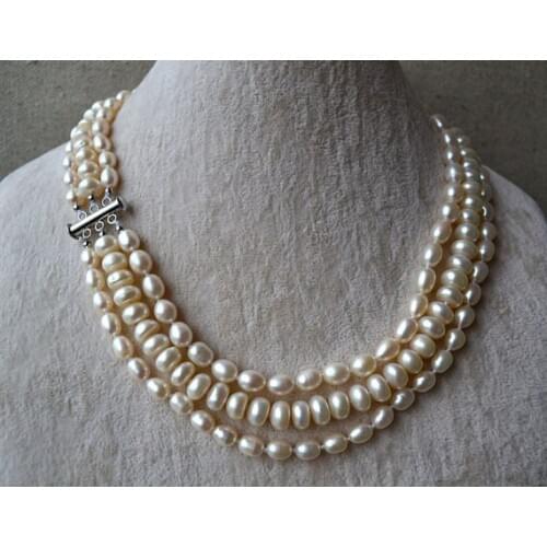 Wedding Pearl Necklace 3 Rows White Natural Freshwater Pearl Necklace Rice Flat Round Mixes Shaper Magnet Clasp Fashion Jewelry