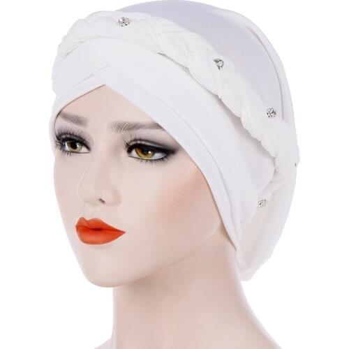 Indian Toque Muslim Braided Milk silk Women Turban Hijab Fashion RhinestoneIslamic Ladies Stretch Head Wrap Head Scarf 9Colors