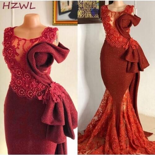 Dark Red Mermaid Evening Dresses 2021 Aso Ebi Lace Sheer Neck Beads Pearls Prom Dress Plus Size Robe De Soiree Formal Party Gown