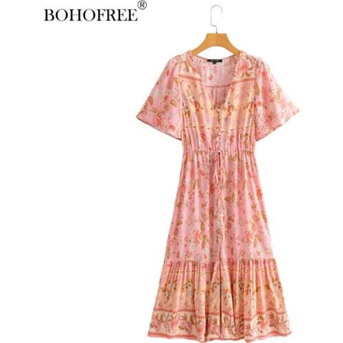 Rayon Dresses 2021 Short Sleeve V Neck Pink Floral Print Button Down Bohemian Vestidoos Casual Gypsy Dresses For Women