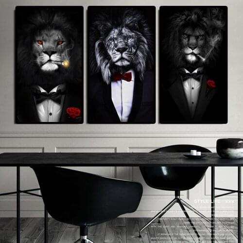 Funny Animal Suit Black and White Lion Canvas Painting Wall Art Nordic Posters and Prints Wall Pictures for Living Room Decor