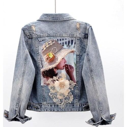 2021 Spring New Womens Jeans Jacket Korean Diamond Flower Long Sleeve Denim Coat Female Short Jacket Top Jacket Lady Outerwear