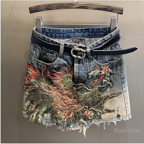 2021 Summer Denim Mini Skirt Women Slim Fit New High Waist Sequins Embroidery Straight Anti-Exposure Fashion Jeans Skirts