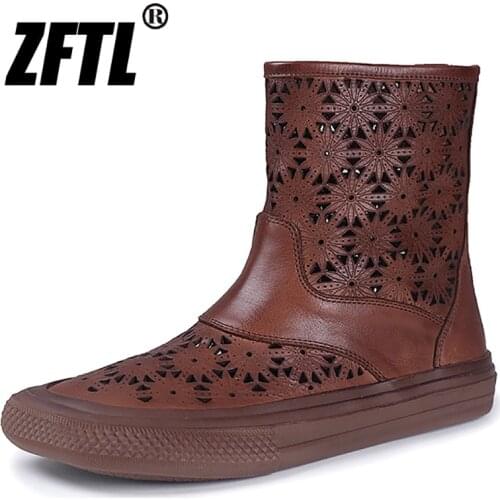 ZFTL Womens sandals personalized retro first layer cowhide hollow shoes womens boots Vintage Female Ethnic boots Tendon sole
