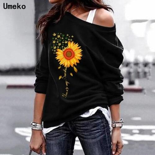 2021 Plus Size Black Sunflower One Shoulder Pullovers Women Fall Winter Streetwaer Long Sleeve Sweatshirts Loose Tops Female