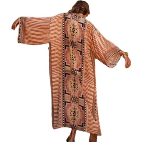 40GC Women Bohemian Long Sleeve Kimono Cardigan Geometric Pattern Belted Top Blouse