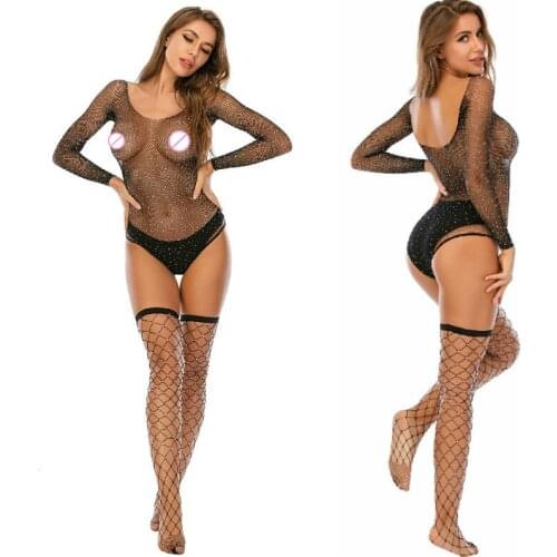 Sexy Lingerie Mesh Fabric Transparent Female Bodysuit Lace Set Erotic Catsuit Bodycon Embroidery Diamond Nylon Fishnet Stockings