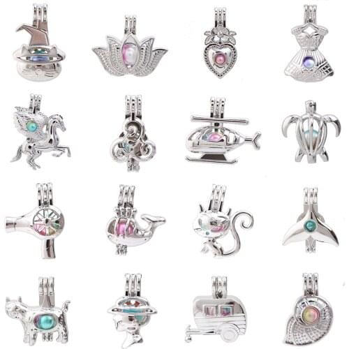 1pc Mixed Cat Lotus Flower Horse Fox Turtle Conch Pearl Cage Pendant Bead Cage Essential Oil Diffuser Lockets for Oyster Pearls