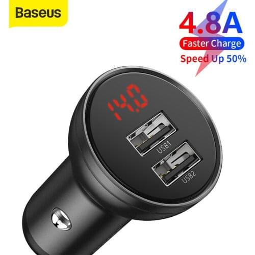 Baseus 24W Fast Charging Dual USB Car Charger With All Metal Digital Display 4.8A Car Cigarette Lighter For iPhone Xiaomi Huawei