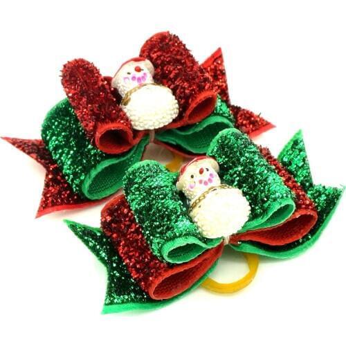 Hot Christmas Pet Dog Hair Rubber Band Rope Rhinestones Ribbon Bow Hair Grooming Pet Supplies Accessories Christmas Decorations
