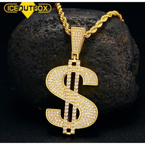 ICEOUTBOX Hip Hop Rap US Dollar Pendant Necklace Gold Nightclub Exaggerated Chain Dollar Sign Bling Fashion Jewelry Women Men