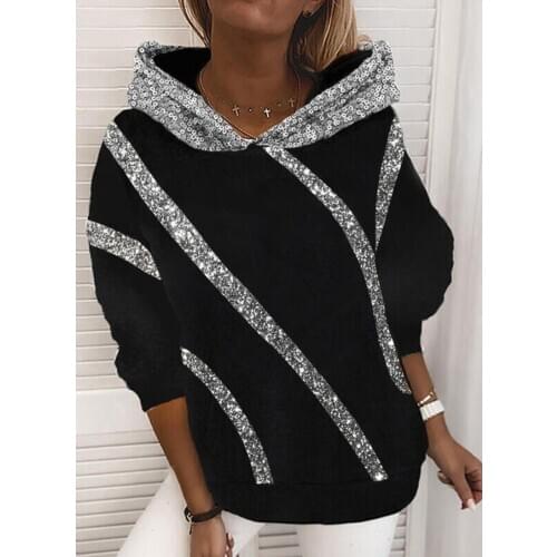 Kalenmos Sequins Printed Loose Hooded Sweater Womens Long-sleeved Hooded Slim and Elegant Pullover Top Streetwear Spring 2021