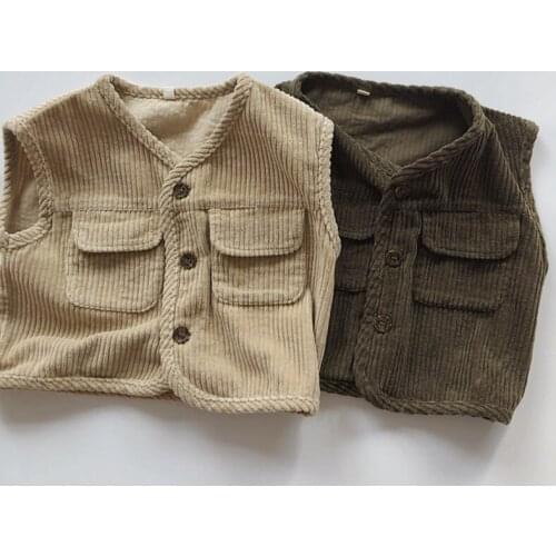 Korean Japan Style Autumn Winter Kids Cardigan Coat Pocket Sleeveless Vest Baby Boys Girls Cotton Corduroy Coat Vest