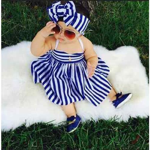 Citgeett Summer Flower Girl Kids Toddler Baby Blue Striped Princess Party Wedding Lace Tutu Dress with Headband