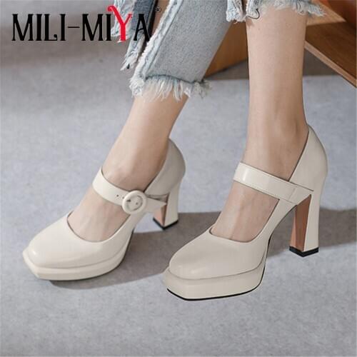 MILI-MIYA Fashion Brand Design Women Cow Leather Pumps Platform Thick Heels Square Toe Buckle Strap Dress Party Shoes Plus Size