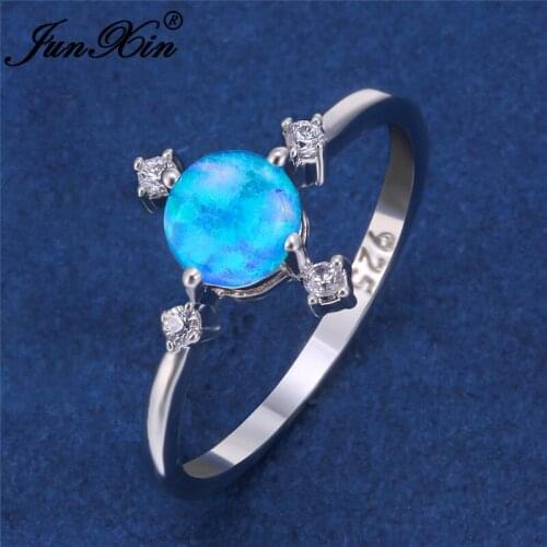 Cute Round Blue White Fire Opal Rings For Women Silver Color Minimalist Stacking Thin Ring Wedding Bands Birthstone Jewelry