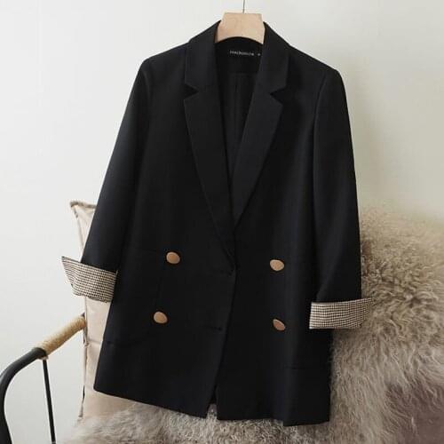 SURFING Fashion Autumn Winter Notched Double Breasted Jacket Loose Casual Women Blazers Jackets Plaid Cuffs Work Wear Coat