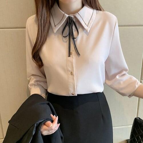 Fashion Female Elegant Bow Solid Blouses Casual Chiffon Shirt Office Ladies Long Sleeve Blouse Top Summer Blouses for Women Q605