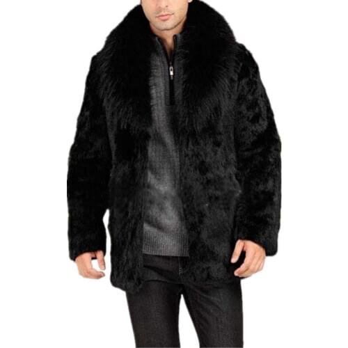 Men Winter Faux Fur Coat Long Sleeve Stand Collar Warm Thicker Black Jacket Overcoat Parka Outwear