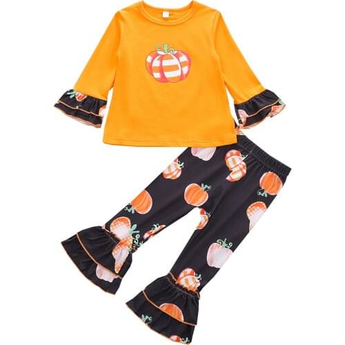 OPPERIAYA Autumn Baby Girls Halloween Clothes Casual Set Pumpkin Print Long Sleeve O-neck T-shirt Elastic Waist Flared Trousers