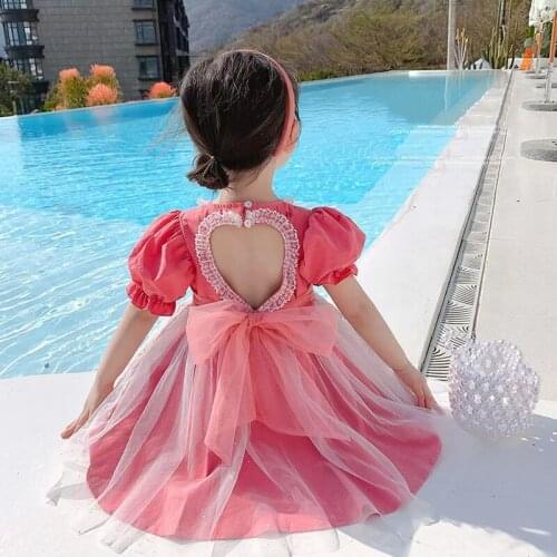 0-10Y Summer Pink Lolita Princess Love Hollow out Shortsleeve Dress For Baby Girls Lace Ball Gown Dress Birthday Party Easter