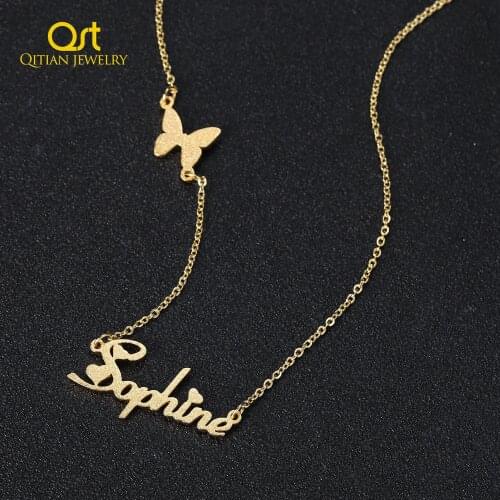 Personalized Frosted Custom Name Necklace Butterfly name Stainless Steel Nameplate Sand-Blasting Necklace Women Gift For Jewelry